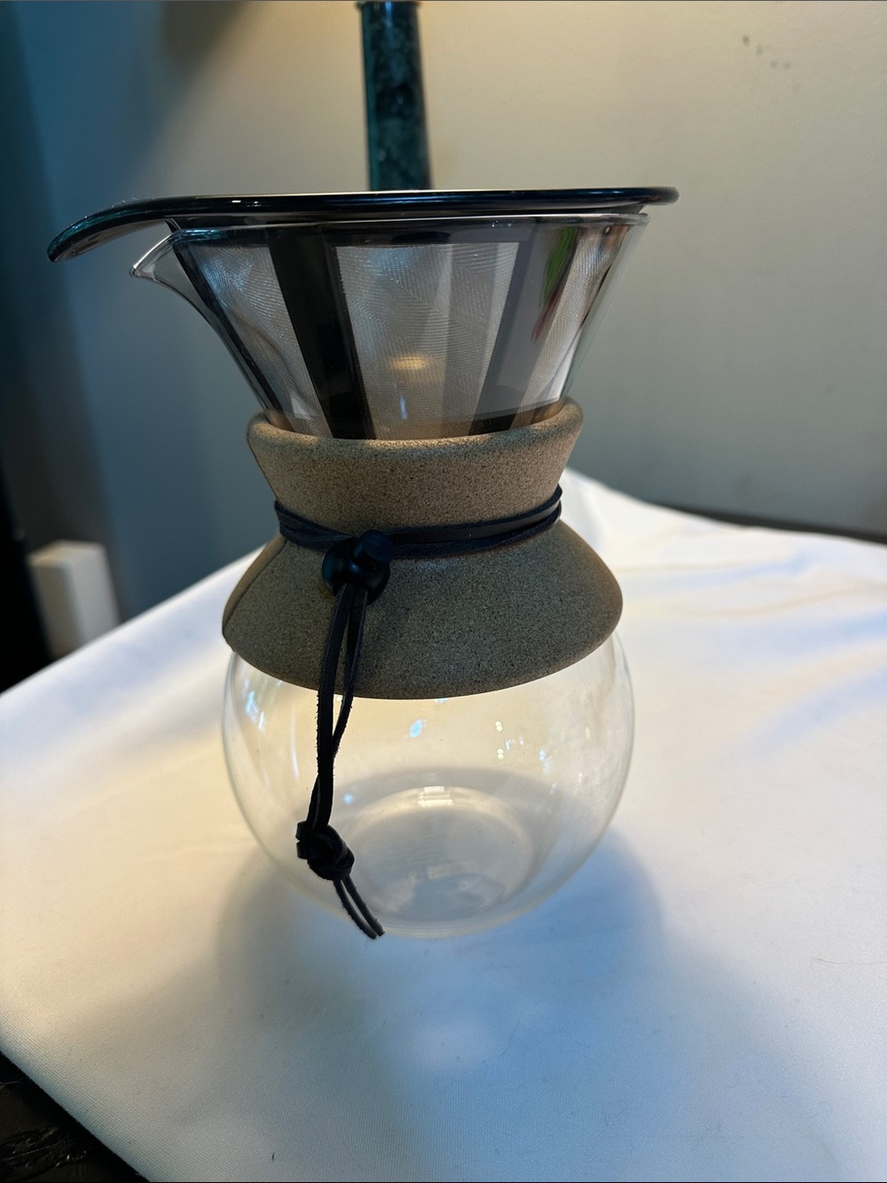 Bodum 8 Cup Glass Pour-Over Coffee Maker with Tan Collar and Stainless Filter